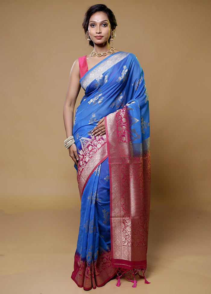 Blue Organza Saree With Blouse Piece