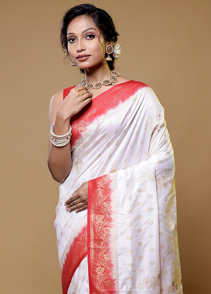 White Dupion Silk Saree With Blouse Piece