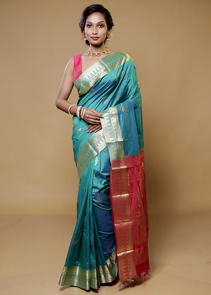 Blue Kanjivaram Silk Saree With Blouse Piece