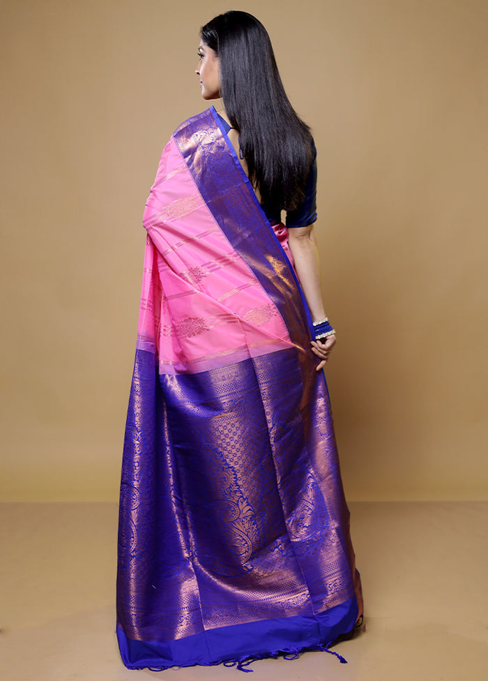 Pink Kanjivaram Silk Saree With Blouse Piece