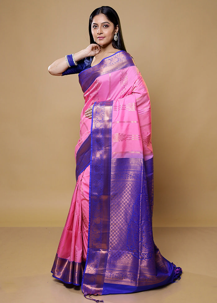 Pink Kanjivaram Silk Saree With Blouse Piece