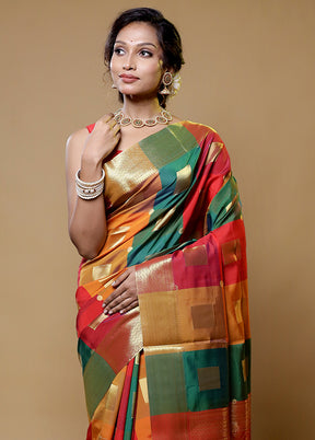 Multicolor Kanjivaram Silk Saree With Blouse Piece