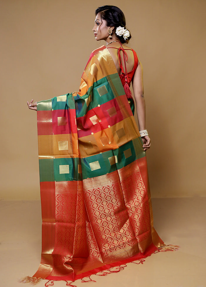 Multicolor Kanjivaram Silk Saree With Blouse Piece