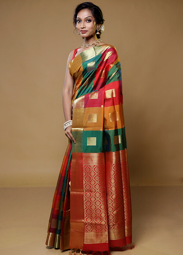 Multicolor Kanjivaram Silk Saree With Blouse Piece