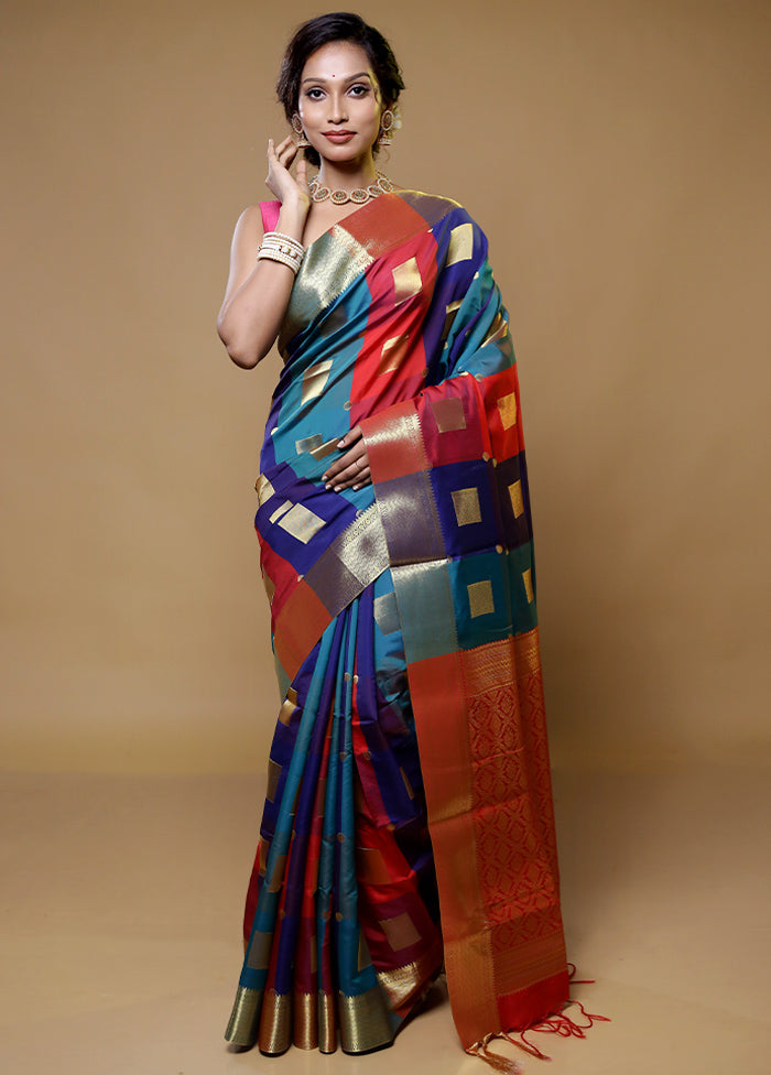 Multicolor Kanjivaram Silk Saree With Blouse Piece