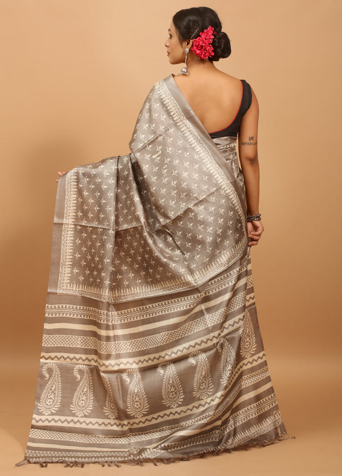 Grey Handloom Tussar Pure Silk Saree With Blouse Piece