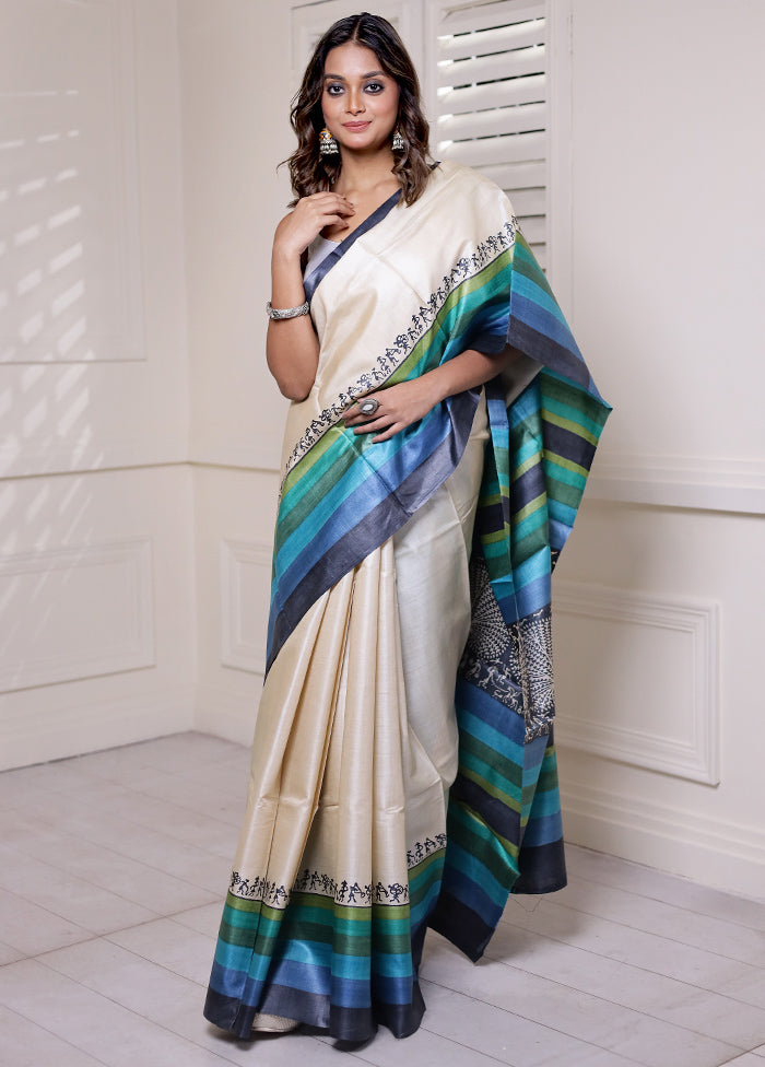 Cream Handloom Tussar Pure Silk Saree With Blouse Piece