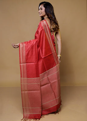 Red Tussar Silk Saree With Blouse Piece