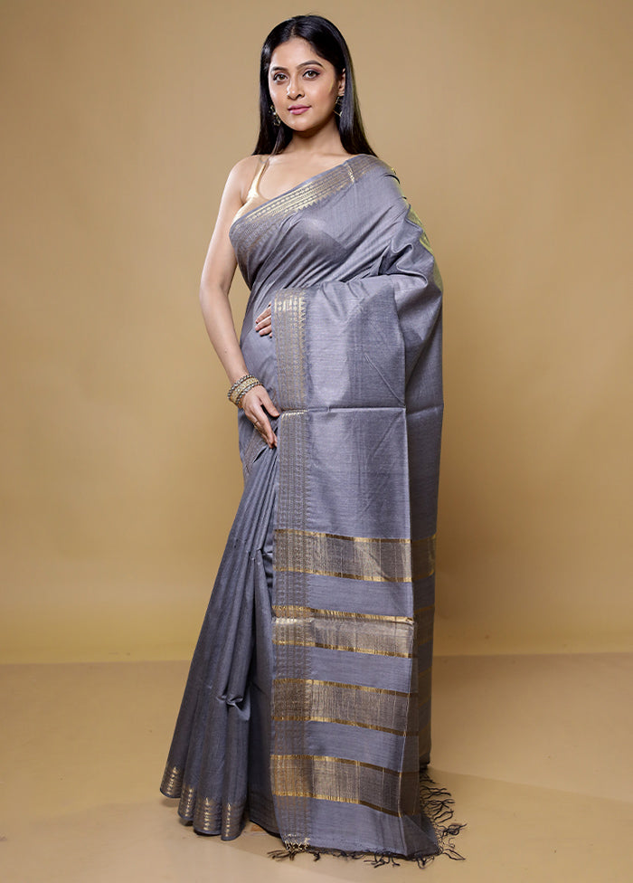 Grey Tussar Silk Saree With Blouse Piece