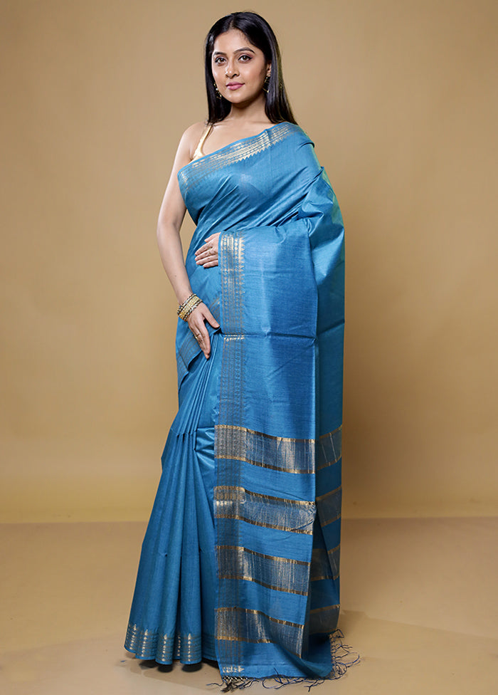 Blue Tussar Silk Saree With Blouse Piece