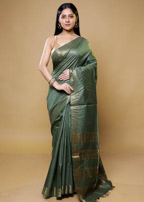 Green Tussar Silk Saree With Blouse Piece