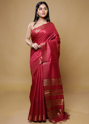 Red Tussar Silk Saree With Blouse Piece