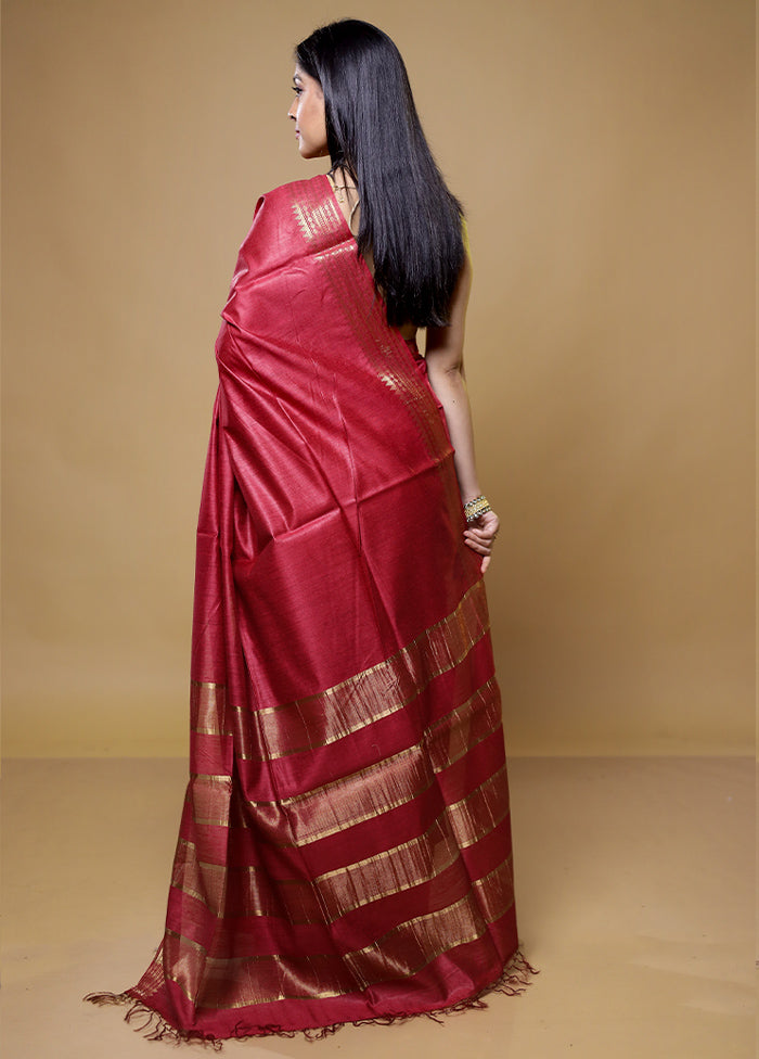 Red Tussar Silk Saree With Blouse Piece
