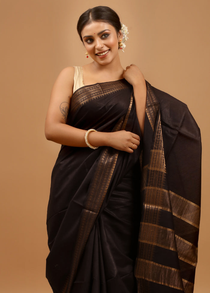 Black Tussar Silk Saree With Blouse Piece