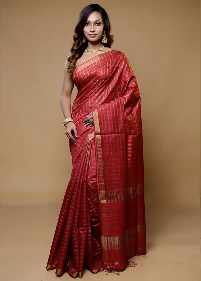 Red Tussar Silk Saree With Blouse Piece