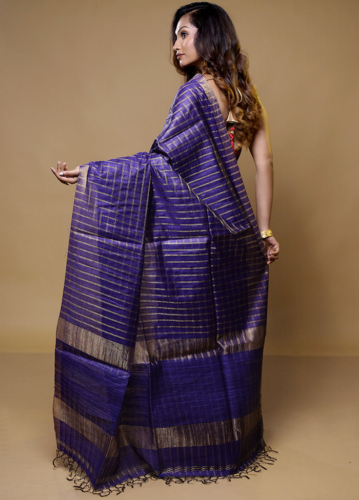 Blue Tussar Silk Saree With Blouse Piece