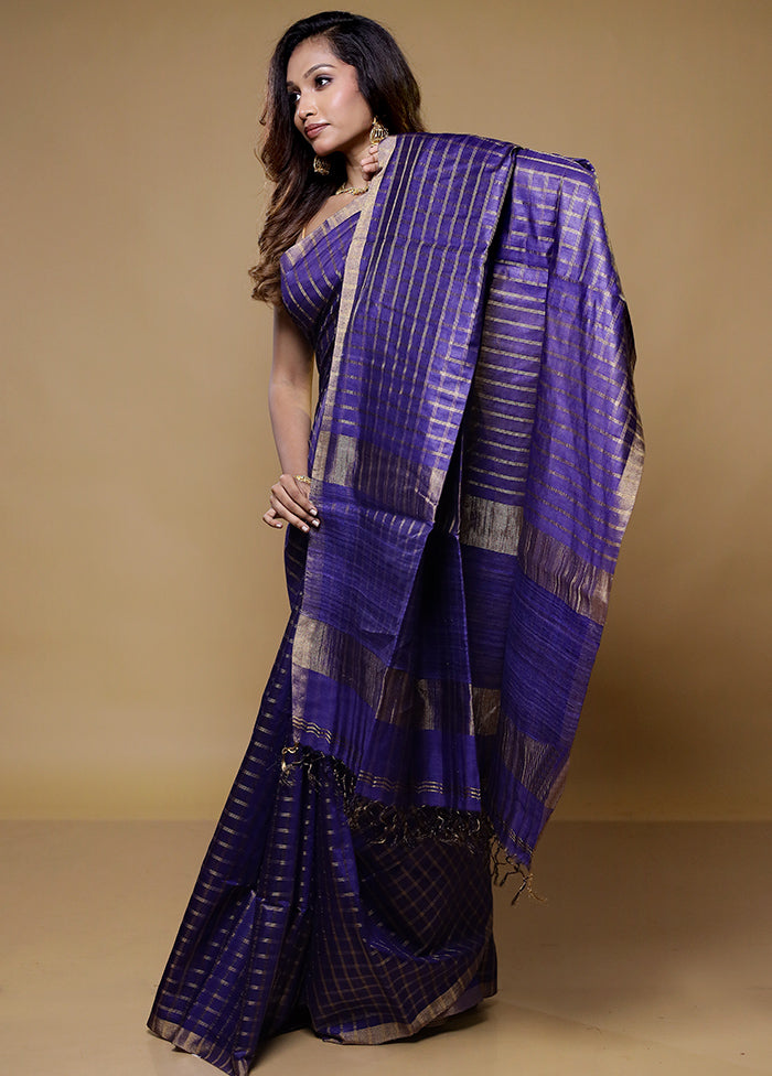 Blue Tussar Silk Saree With Blouse Piece