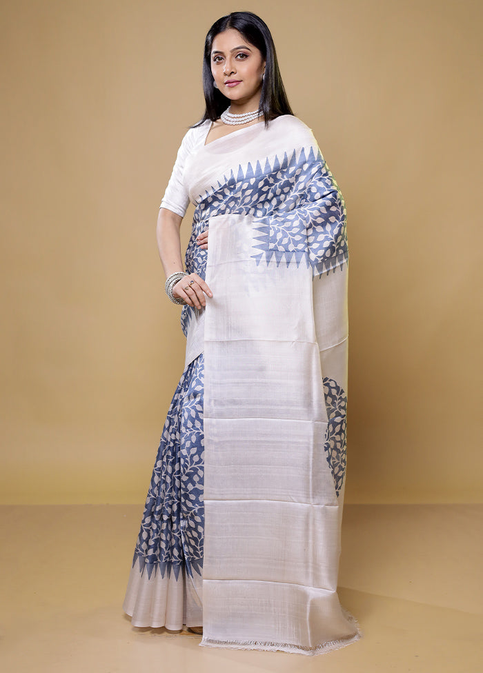 Grey Printed Pure Silk Saree Without Blouse Piece