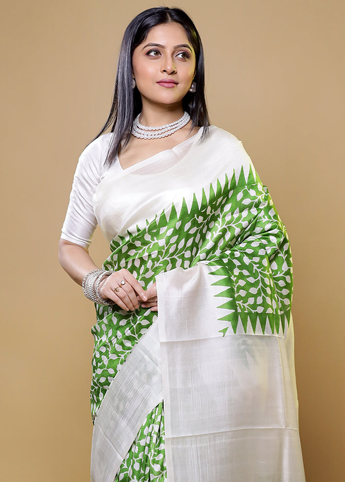 Green Printed Pure Silk Saree Without Blouse Piece