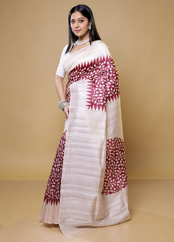 Cream Printed Pure Silk Saree Without Blouse Piece