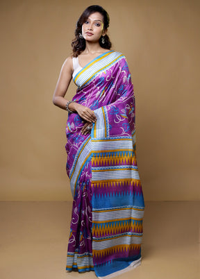 Purple Printed Pure Silk Saree Without Blouse Piece