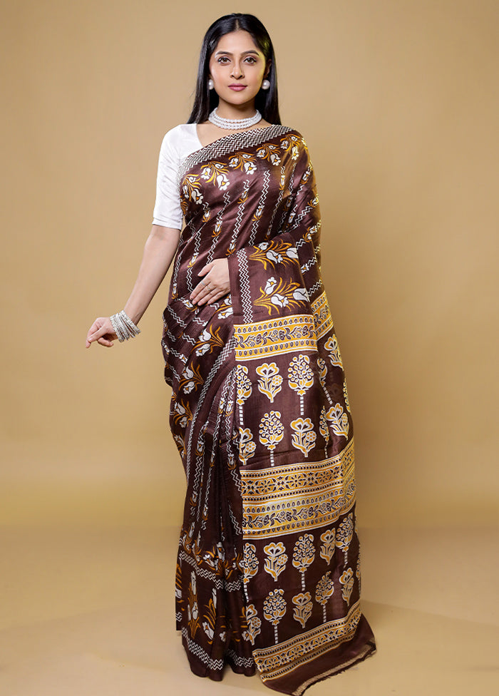 Maroon Printed Pure Silk Saree Without Blouse Piece