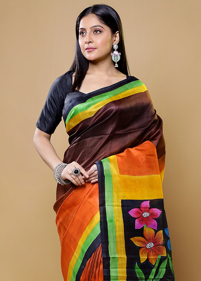 Rust Printed Pure Silk Saree Without Blouse Piece
