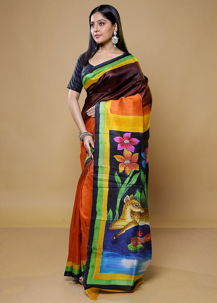 Rust Printed Pure Silk Saree Without Blouse Piece