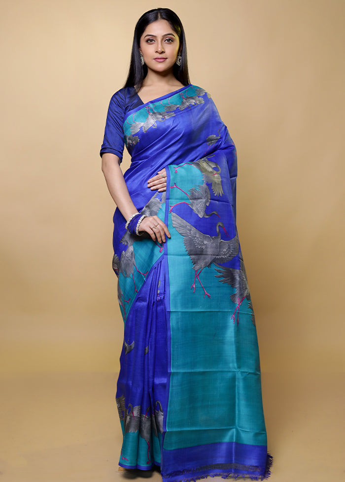 Blue Printed Pure Silk Saree Without Blouse Piece