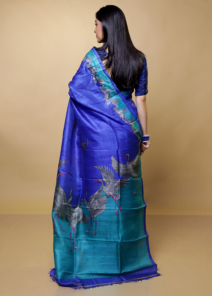 Blue Printed Pure Silk Saree Without Blouse Piece