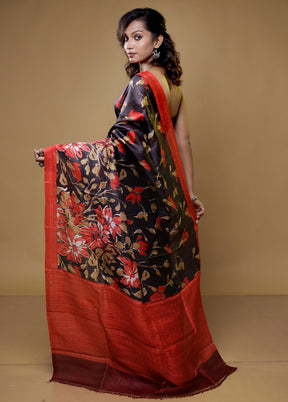 black Printed Pure Silk Saree Without Blouse Piece
