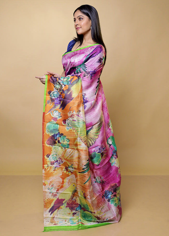 Pink Printed Pure Silk Saree Without Blouse Piece