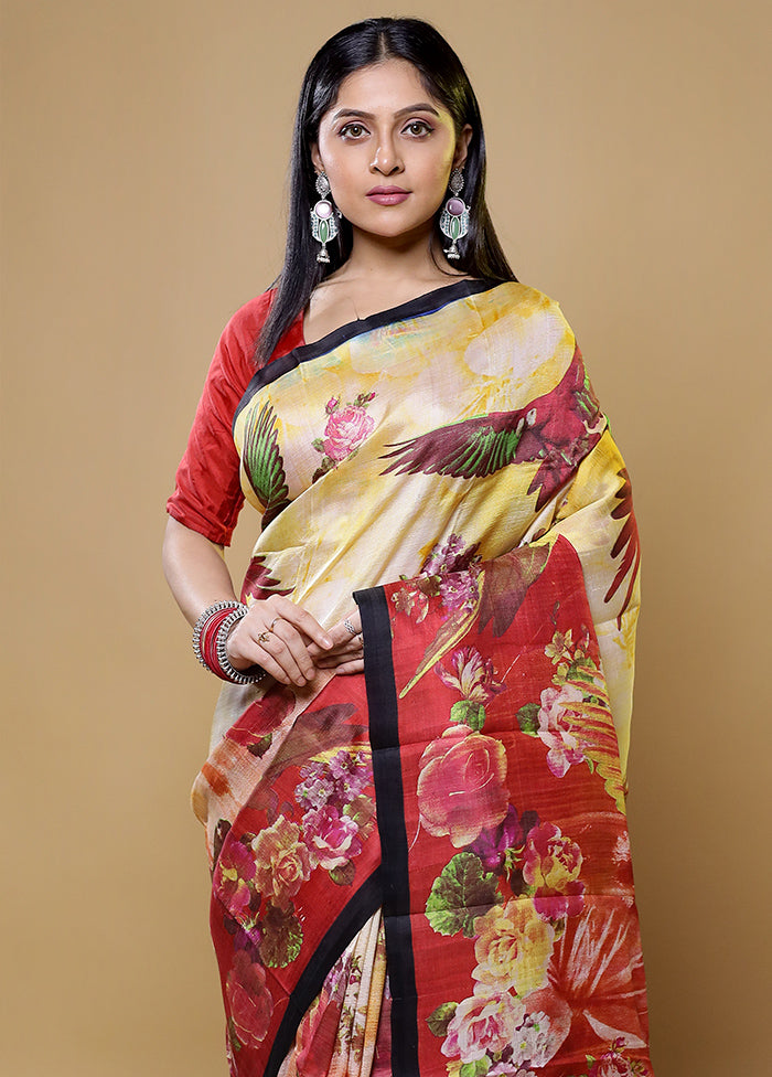 Yellow Printed Pure Silk Saree Without Blouse Piece