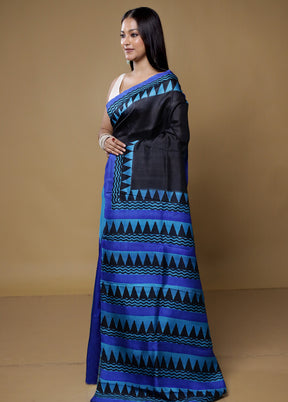 Black Printed Pure Silk Saree With Blouse Piece