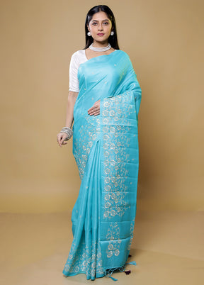 Blue Tussar Silk Saree With Blouse Piece