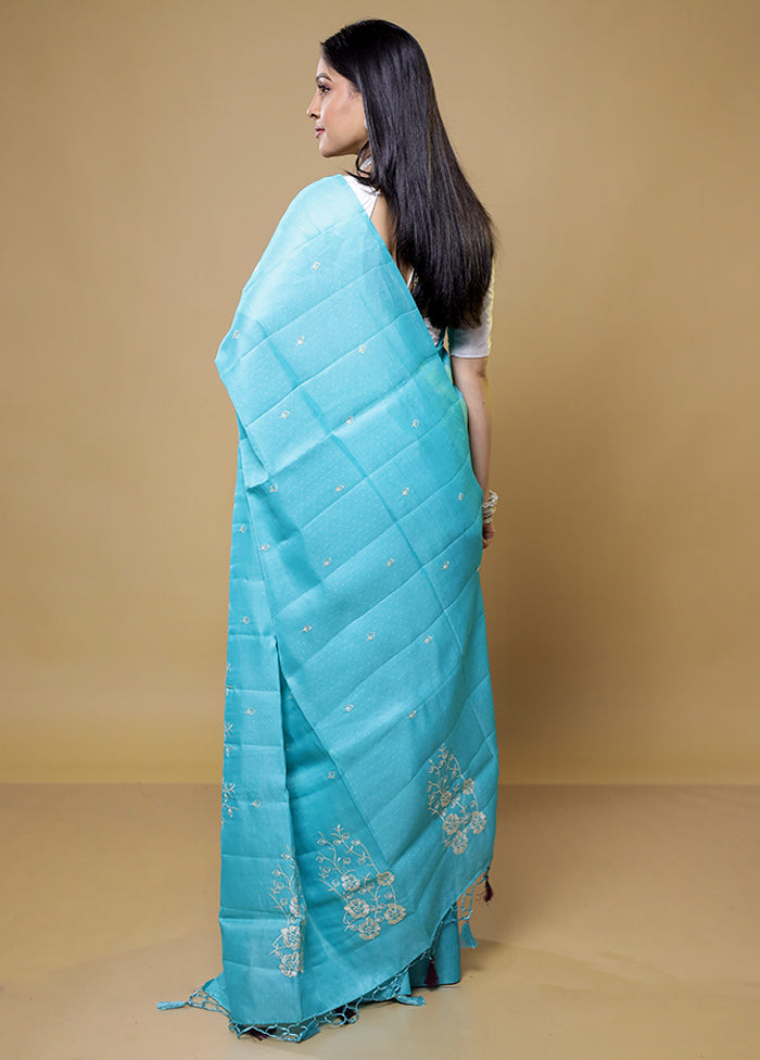 Blue Tussar Silk Saree With Blouse Piece