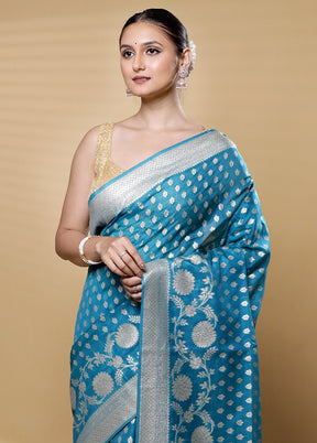 Blue Dupion Silk Saree With Blouse Piece