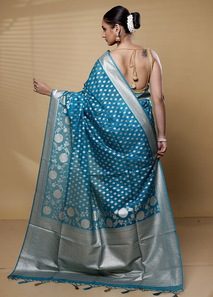 Blue Dupion Silk Saree With Blouse Piece