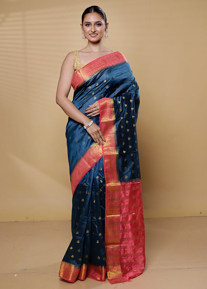 Blue Dupion Silk Saree With Blouse Piece