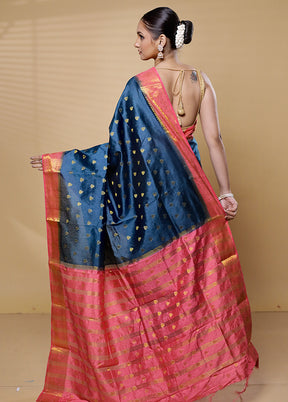 Blue Dupion Silk Saree With Blouse Piece