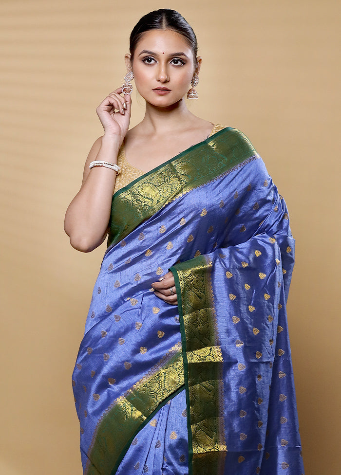 Blue Dupion Silk Saree With Blouse Piece