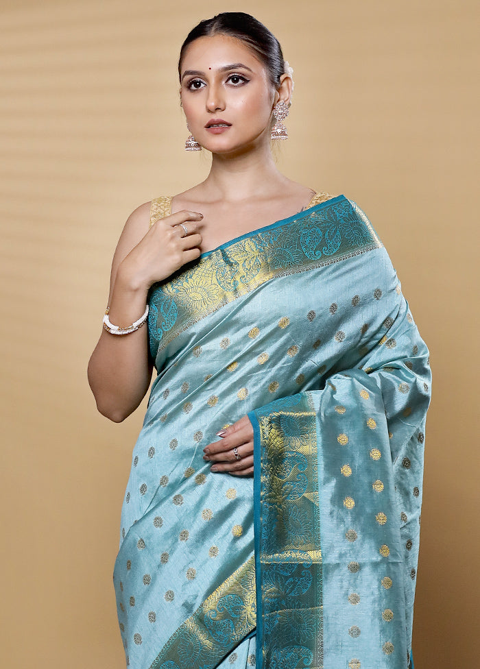 Blue Dupion Silk Saree With Blouse Piece