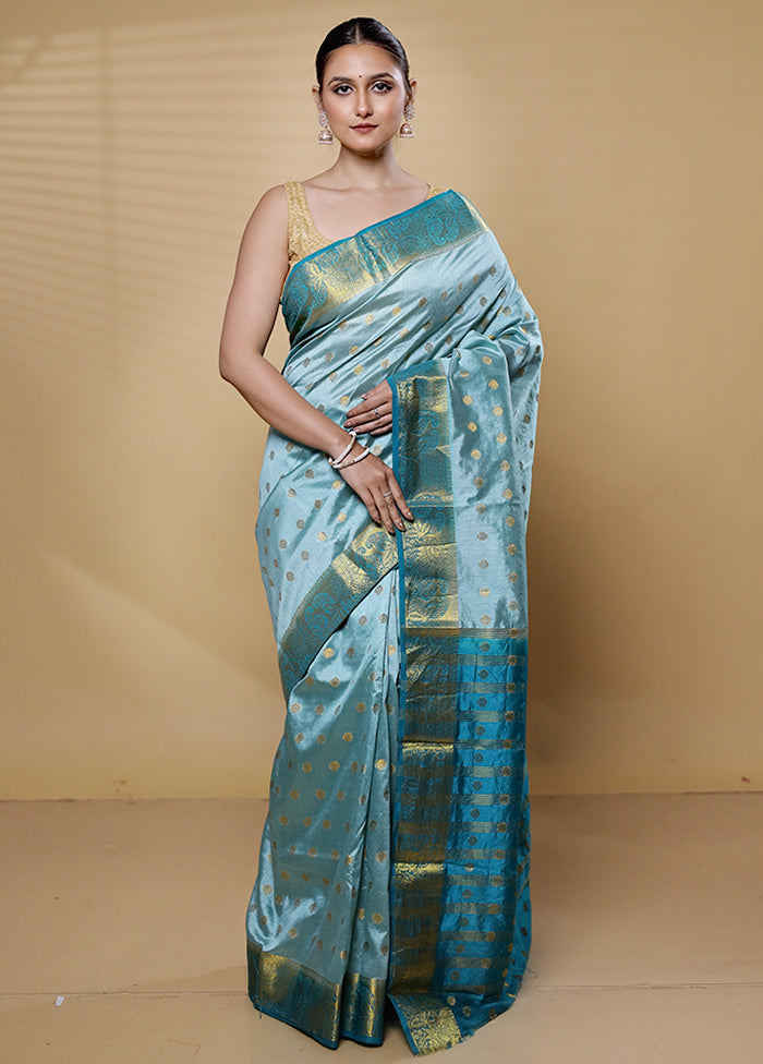 Blue Dupion Silk Saree With Blouse Piece