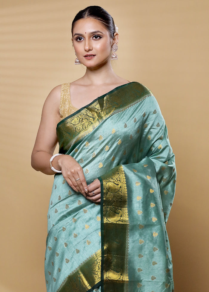 Blue Dupion Silk Saree With Blouse Piece