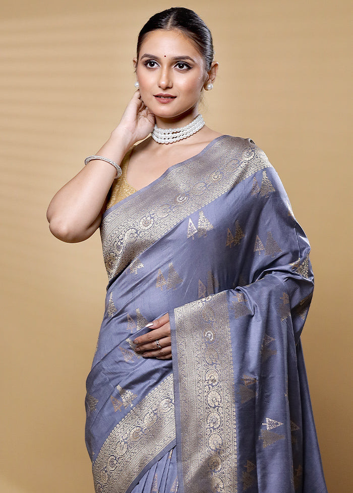 Grey Dupion Silk Saree With Blouse Piece