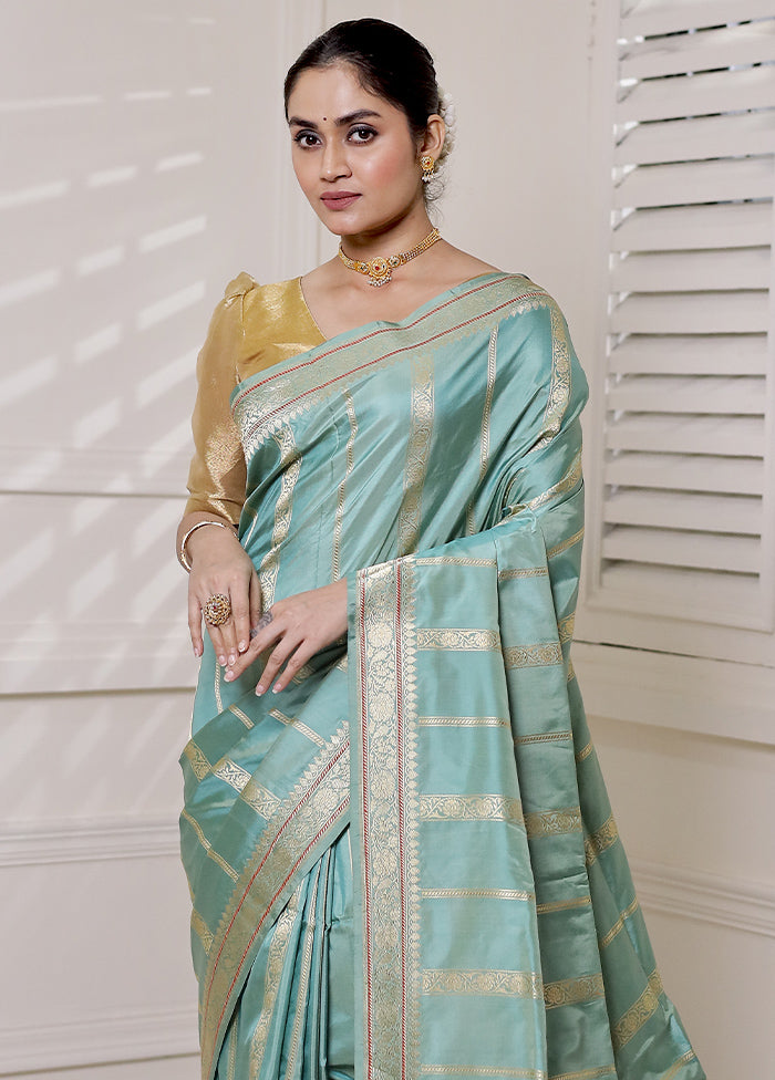 Blue Handloom Katan Pure Silk Saree With Blouse Piece