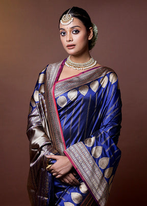 Blue Handloom Katan Pure Silk Saree With Blouse Piece