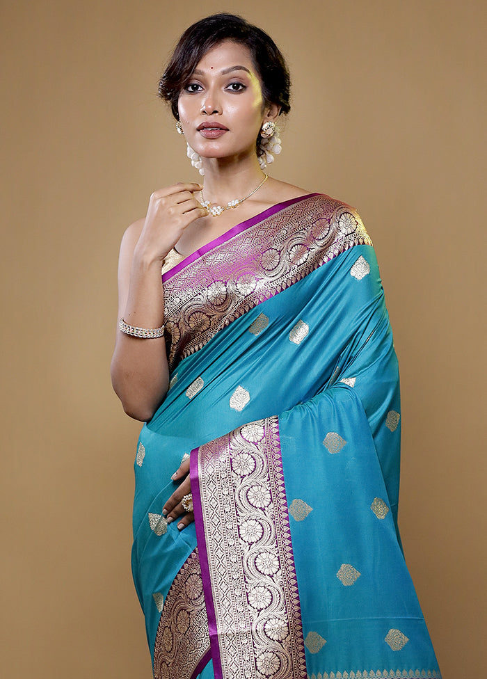 Blue Katan Silk Saree With Blouse Piece