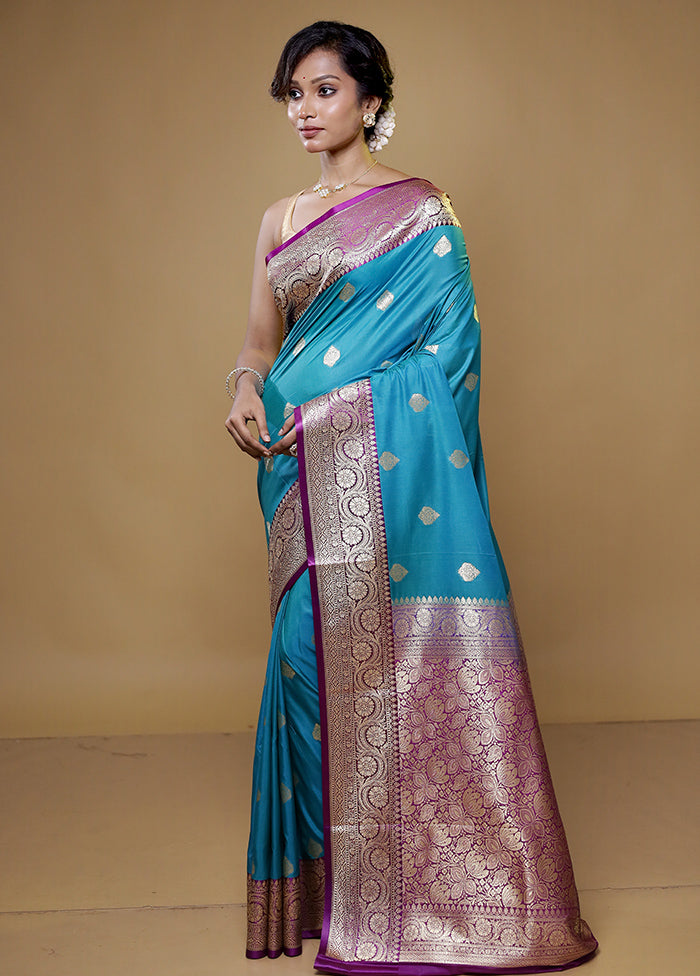 Blue Katan Silk Saree With Blouse Piece