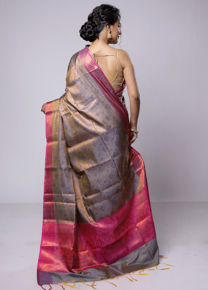 Grey Dupion Silk Saree With Blouse Piece